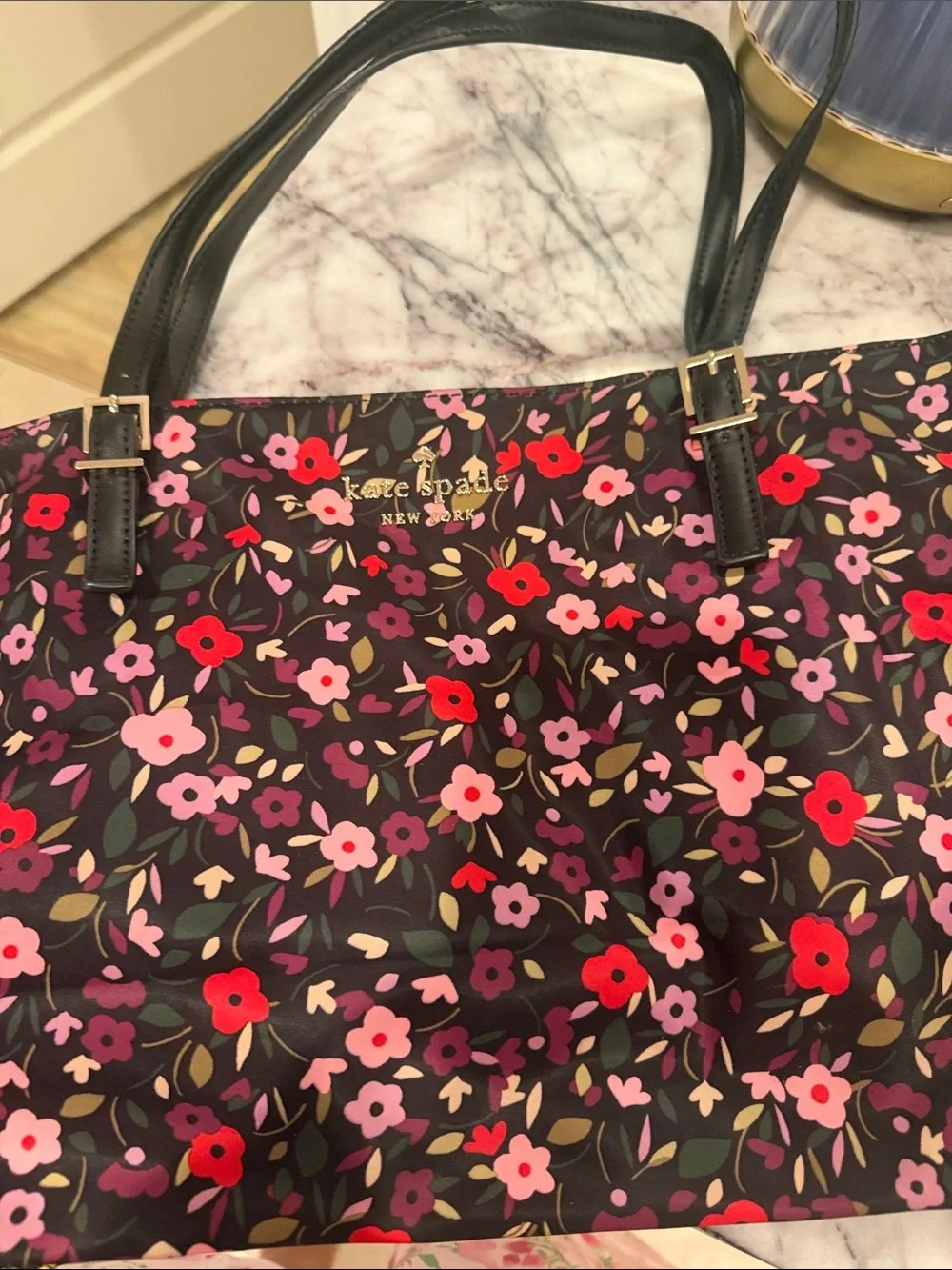 kate spade Black Floral Print Tote with Pink and Red Blooms